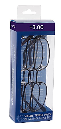 ICU Eyewear Rectangular Reading Glasses Set, Metal, +3.00,