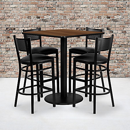 Flash Furniture Square Laminate Table Set With 4 Grid-Back Metal Barstools, 42"H x 36"W x 36"D, Walnut