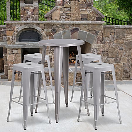 Flash Furniture Commercial-Grade Round Metal Indoor/Outdoor Bar Table Set With 4 Square Backless Stools, 41"H x 24"W x 24"D, Silver