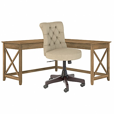 Bush Furniture Key West 60"W L-Shaped Desk With Mid-Back Tufted Office Chair, Reclaimed Pine, Standard Delivery