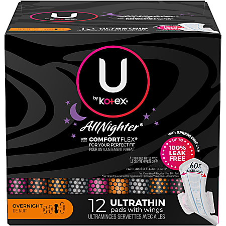 U by Kotex Kimberly-Clark Professional All-Nighter Overnight Pads With Wings, Box Of 12