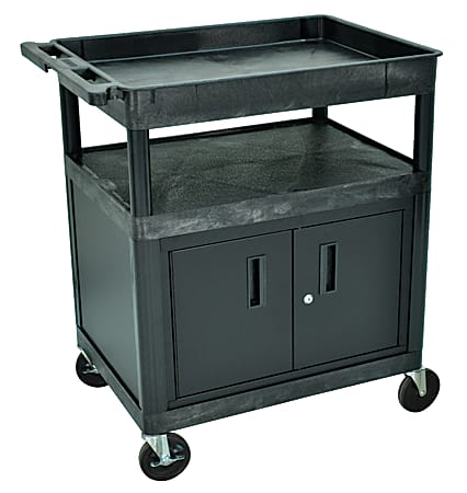 Luxor TC Series Utility Cart With Locking Cabinet, 3-Shelf, 39 1/2"H x 24"W x 32"D, Black