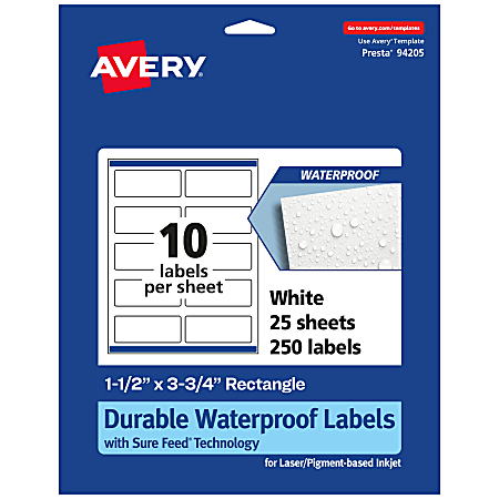 Avery® Waterproof Permanent Labels With Sure Feed®, 94205-WMF25, Rectangle, 1-1/2" x 3-3/4", White, Pack Of 250