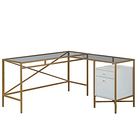 Sauder® Harper Heights 59"W L-Shaped Computer Desk With Glass Top And Filing Drawer Pedestal, Gold/Clear/White