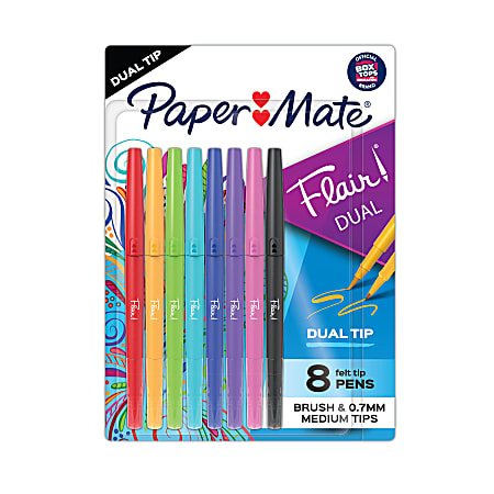 Paper Mate Flair Dual Felt-Tip Pens, Pack Of 8 Pens, Brush And Medium Tips, Assorted Barrel Colors, Assorted Ink Colors