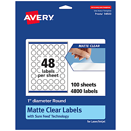 Avery® Permanent Labels With Sure Feed®, 94500-CMF100, Round, 1", Matte Clear, Pack Of 4,800