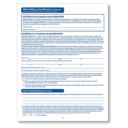 ComplyRight FMLA Military Exigency Certification Forms, 17" x 11", White, Pack Of 50