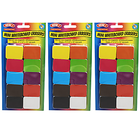 Ashley Productions Mini Whiteboard Erasers, 1-1/2" x 2", Assorted Colors, 10 Per Pack, Set Of 3 Packs