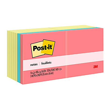 Post-it® Notes Value Pack, 3 in x 3 in, 14 Pads, 100 Sheets/Pad, Clean Removal, Canary Yellow and Poptimistic Collection
