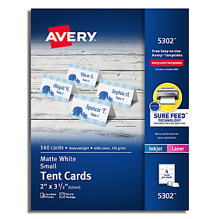 Avery® Printable Small Tent Cards With Sure Feed® Technology, 2" x 3.5", White, 160 Blank Place Cards