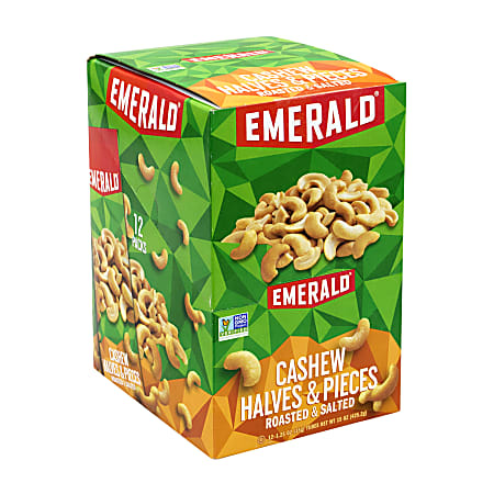 Emerald Nuts Roasted And Salted Cashew Halves And Pieces, 1.25 Oz, Box Of 12 Pouches