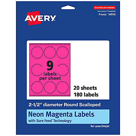 Avery® Print-To-The-Edge Labels With Sure Feed® Technology, 94516-NMP20, Round Scalloped, 2-1/2", Matte Neon Magenta, Pack of 180