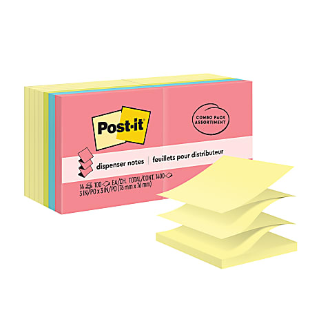 Post-it&reg; Pop Up Notes, 3 x 3 in, 14 Sticky Note Pads, 100 Sheets/Pad, School Supplies and Office Products, Accordion Sticky Notes, Assorted Colors