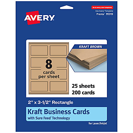 Avery® Printable Business Cards With Sure Feed® Technology, Print-To-The-Edge, 2"x3.5", Kraft Brown, Pack Of 200