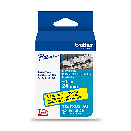 Brother P-touch TZeFX651, Flexible ID Laminated, 1" x 26.2 ft (24mm x 8m), Black on Yellow Label Tape