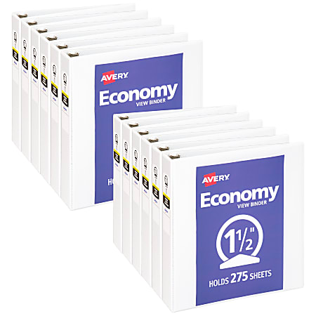 Avery® Economy View 3 Ring Binder, 1-1/2" Round Rings, White, Pack Of 12