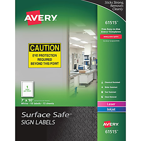 Avery® Surface Safe Sign Labels, 7" x 10", Rectangle, Pack Of 15