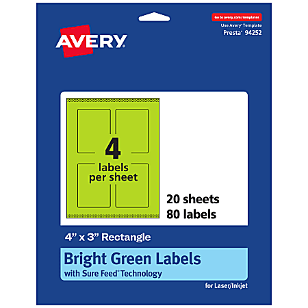 Avery® Print-To-The-Edge Labels With Sure Feed® Technology, 94252-BGP20, Rectangle, 4" x 3", Matte Bright Green, Pack of 80