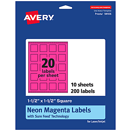 Avery® Print-To-The-Edge Labels With Sure Feed® Technology And Easy Peel®, 94106-NMP10, Square, 1-1/2" x 1-1/2", Matte Neon Magenta, Pack of 200