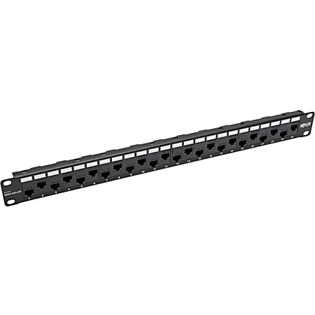 Tripp Lite 24-Port 1U Rack-Mount Cat5e/6 Offset Feed-Through Patch Panel with Cable Management Bar, RJ45 Ethernet, TAA - Patch panel - RJ-45 X 24 - black - 1U - 19" - TAA Compliant