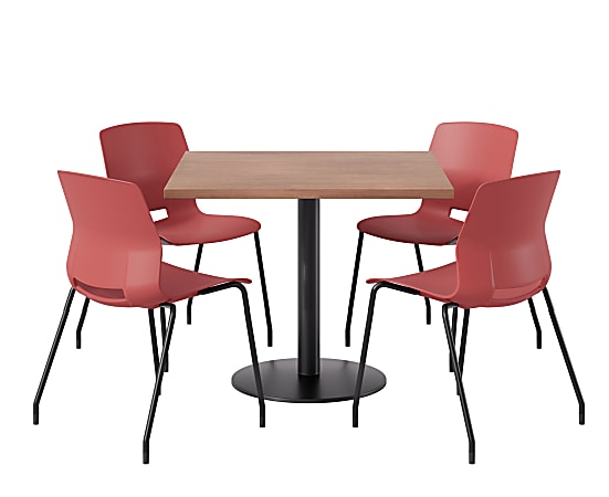 KFI Studios Proof Cafe Pedestal Table With Imme Chairs, Square, 29”H x 42”W x 42”W, River Cherry Top/Black Base/Coral Chairs