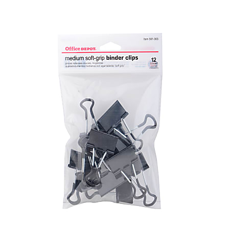 Office Depot Soft-Grip Medium Binder Clips, 1 1/4in., 5/8in. Capacity,  Assorted Colors (No Color Choice), 12 pk, OD12SG