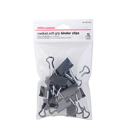 Office Depot® Brand Soft-Grip Medium Binder Clips, 1 1/4", 5/8" Capacity, Black, Pack Of 12