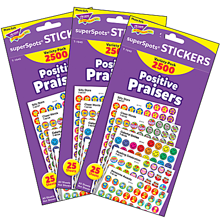 Trend SuperSpots Stickers, Positive Praisers, 2,500 Stickers Per Pack, Set Of 3 Packs