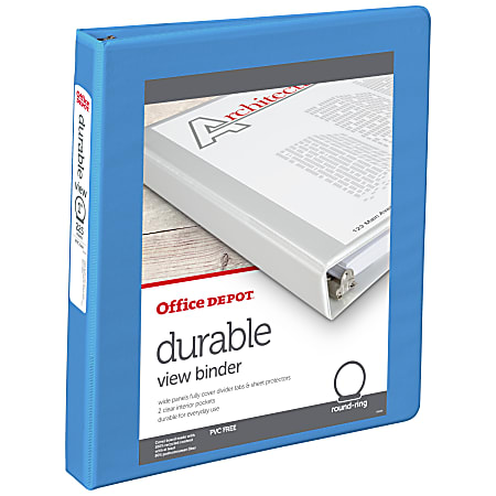 Office Depot® 3-Ring Durable View Binder, 1" Round Rings, 49% Recycled, Sky Blue
