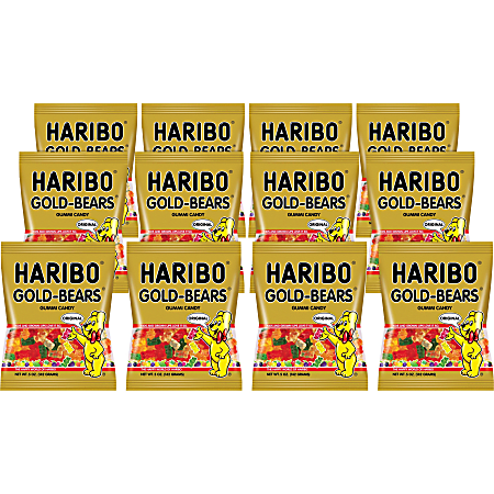 Haribo Gold-Bears Gummi Candy, 0.5 Oz, Assorted Flavors, Carton Of 12 Bags