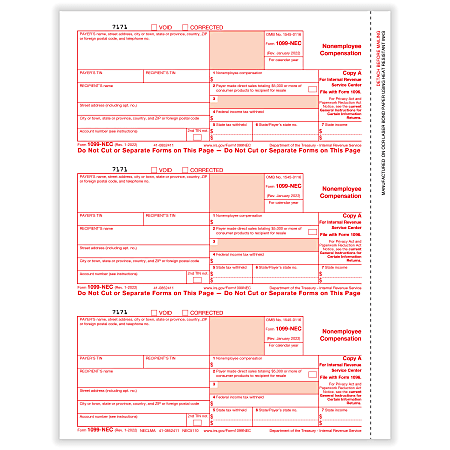 ComplyRight® 1099-NEC Tax Forms, Federal Copy A, 3-Up, Laser, 8-1/2" x 11", Pack Of 150 Forms