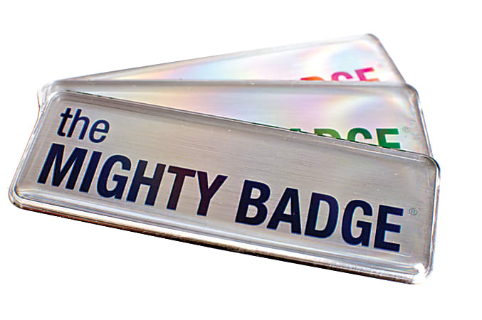 The Mighty Badge™ Reusable Name Badge System, 1" x 3", Laser Printer Compatible, Silver, Pack Of 10