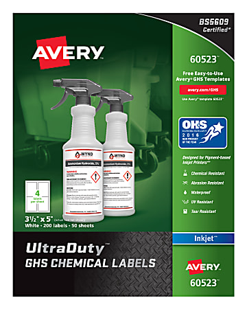 Avery® UltraDuty GHS Chemical Labels For Pigment-Based Inkjet Printers, 60523, 3 1/2" x 5", White, Pack Of 200