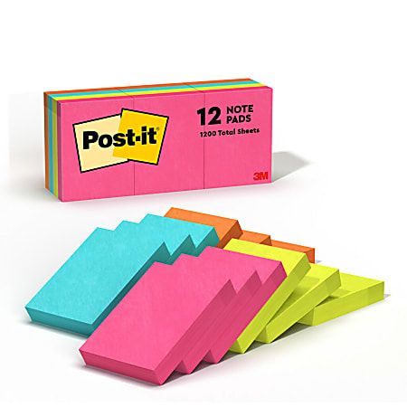 Post-it® Notes, 1 3/8 in. x 1 7/8 in., 12 Pads, 100 Sheets/Pad, Clean Removal, Back to School Supplies for Students, Sticky Notes for Textbooks, Notebooks, Walls and Vertical Surfaces, Poptimistic Collection
