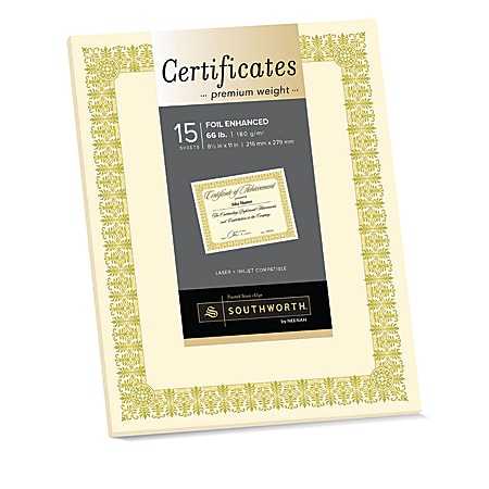 Southworth® Premium Foil Certificates, 8 1/2" x 11", 66 Lb, Ivory/Gold Foil Fleur, Pack Of 15