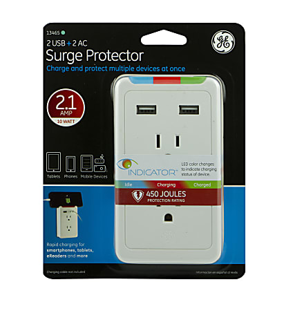 GE 2-Outlet Surge Protector Tap And USB Charger, White