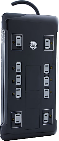 GE UltraPro 12 Outlet Surge Protector with 2 USB Tether, 8 ft Long Cord, 4320 Joules, Outlet Safety Covers, Black, 11824