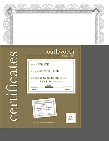 Southworth® Premium-Weight Foil Certificates, 8 1/2" x 11", White/Silver Foil Spiro, Pack Of 15