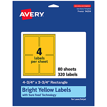Avery® Print-To-The-Edge Labels With Sure Feed® Technology And Easy Peel®, 94254-BYP80, Rectangle, 4-3/4" x 3-3/4", Matte Bright Yellow, Pack of 320