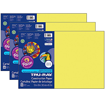 Tru-Ray® Construction Paper, 12" x 18", Lively Lemon, 50 Sheets Per Pack, Set Of 3 Packs