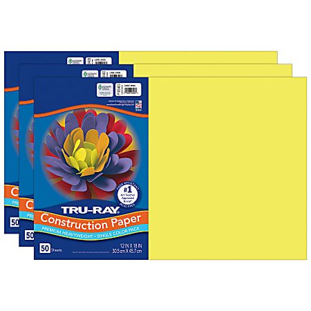Tru-Ray Construction Paper, Heavyweight, 12" x 18", Lively Lemon, 50 Sheets Per Pack, Set Of 3 Packs