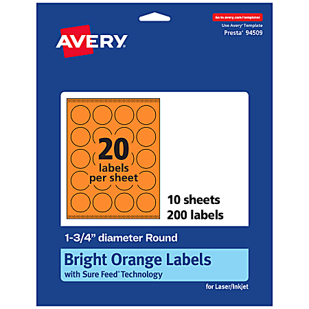 Avery® Print-To-The-Edge Labels With Sure Feed® Technology And Easy Peel® Label Feature, 94509-BOP10, Round, 1-3/4", Matte Bright Orange, Pack of 200