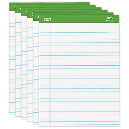 Office Depot® Brand Writing Pads, 8-1/2" x 11-3/4", Legal/Wide Ruled, 50 Sheets, 100% Recycled, White, Pack Of 6 Pads