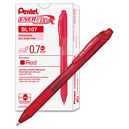 Pentel® EnerGel-X Retractable Gel Pens, Medium Point, 0.7 mm, Red Barrel, Red Ink, Pack Of 12 Pens