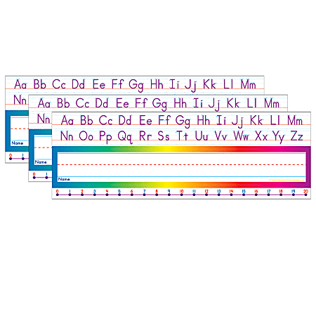 Scholastic Teacher Resources Alphabet/Number Line Name Plates, 12" x 4", Standard Manuscript, 36 Plates Per Pack, Set Of 3 Packs
