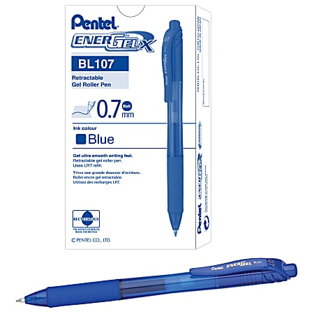 Pentel® EnerGel™ Retractable Gel Pens, Medium, 0.7 mm, 84% Recycled, Blue Barrel, Blue Ink, Pack Of 12 Pens
