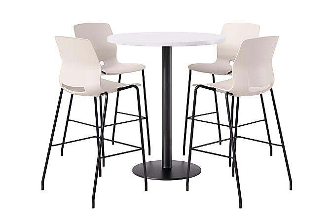 KFI Studios Proof Bistro Round Pedestal Table With Imme Barstools, 4 Barstools, Designer White/Black/Moonbeam Stools