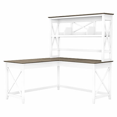 Bush Business Furniture Key West 60"W L-Shaped Corner Desk With Hutch, Shiplap Gray/Pure White, Standard Delivery