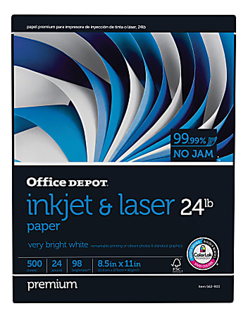 Office Depot® Inkjet Or Laser Paper, 1 Ream, White, Letter Size (8 1/2" x 11"), Ream Of 500 Sheets, 24 Lb, 98 Brightness