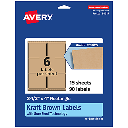 Avery® Kraft Permanent Labels With Sure Feed®, 94215-KMP15, Rectangle, 3-1/3" x 4", Brown, Pack Of 90